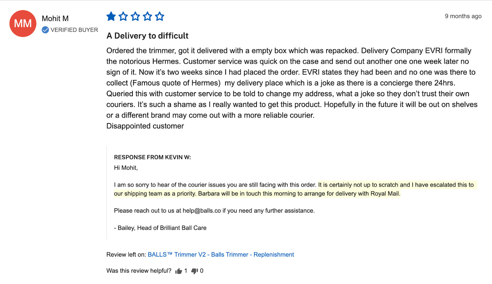 Negative review due to delivery issues