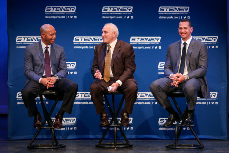 Brandon Steiner appears on stage with baseball star clients Mariano Rivera &amp; Alex Rodriguez