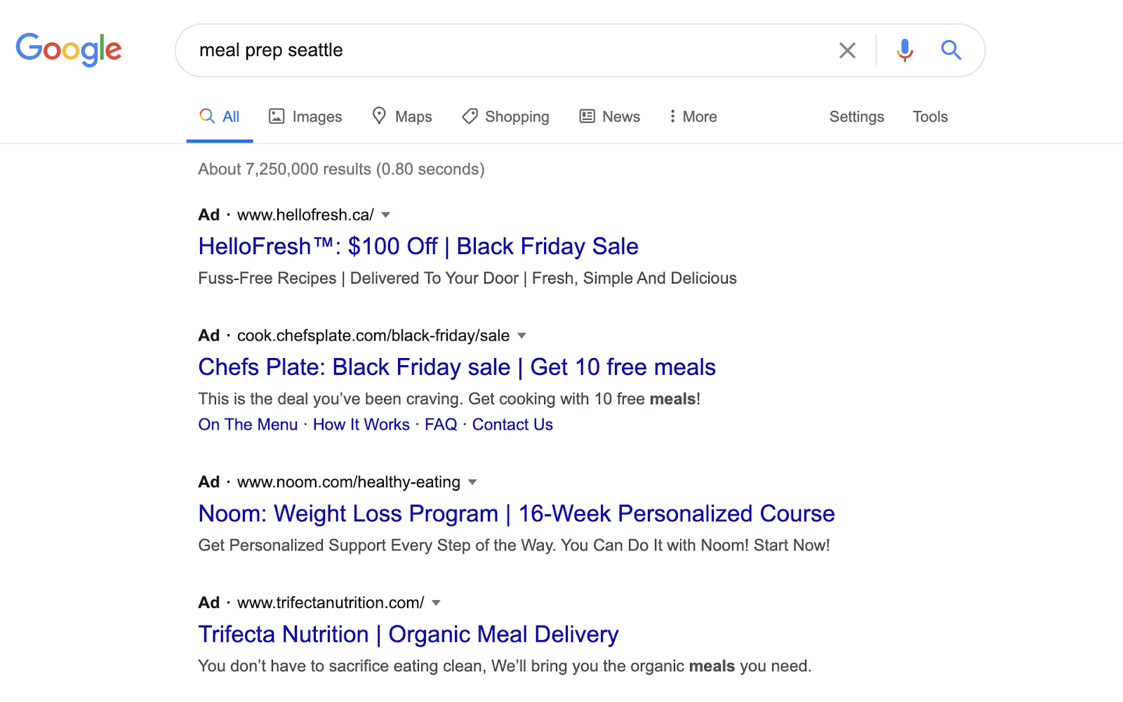 Google search results showing meal prep Seattle.