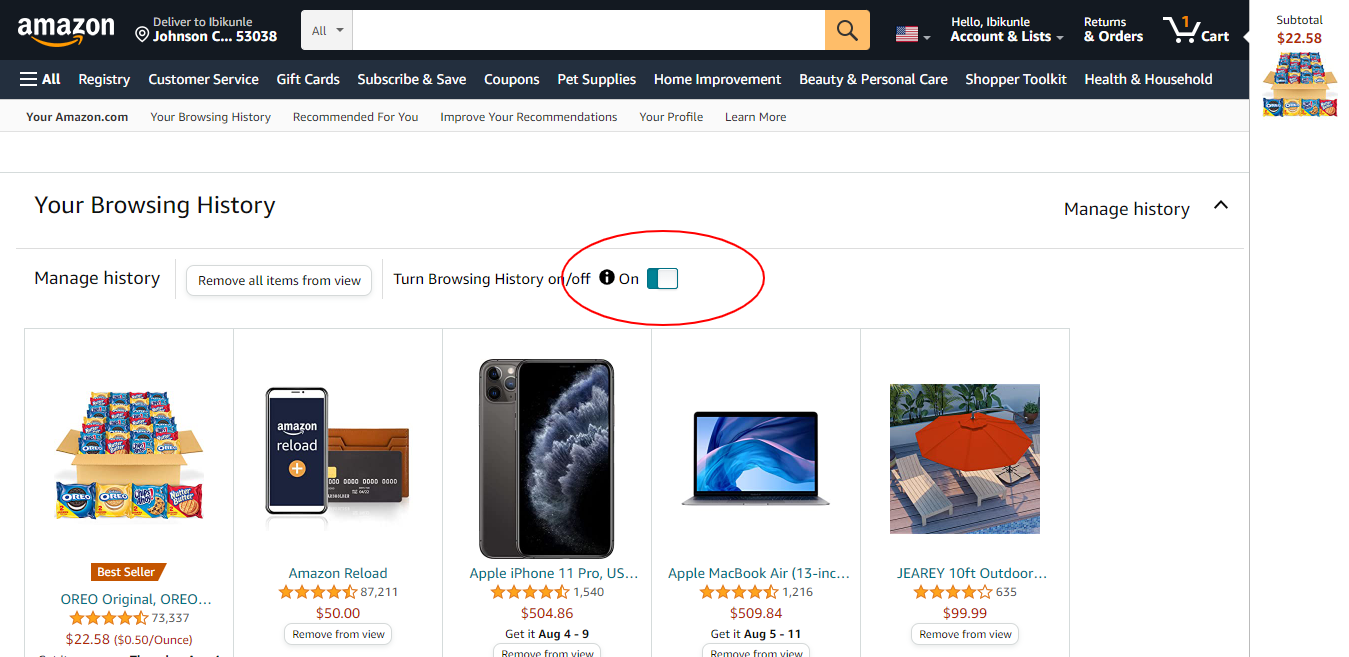 How to disable browsing history on Amazon