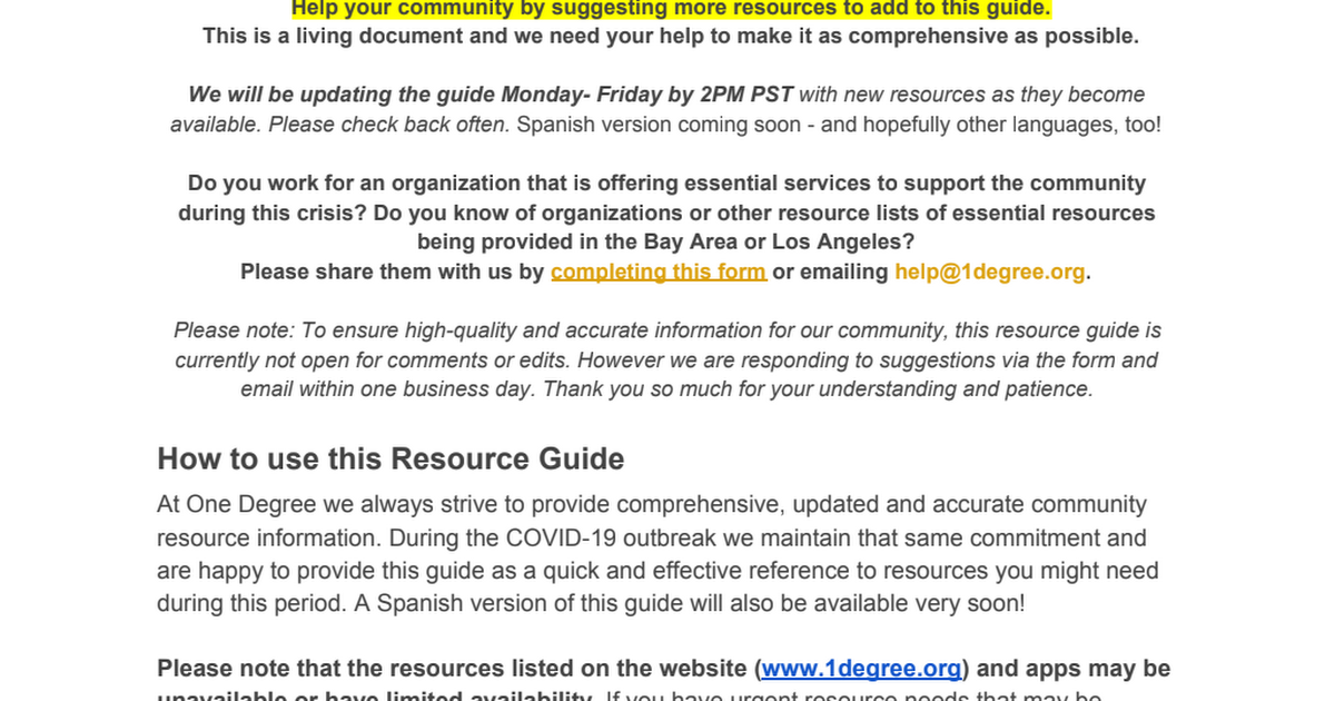 One Degree Covid 19 Coronavirus Resource Guide Pdf Google Drive