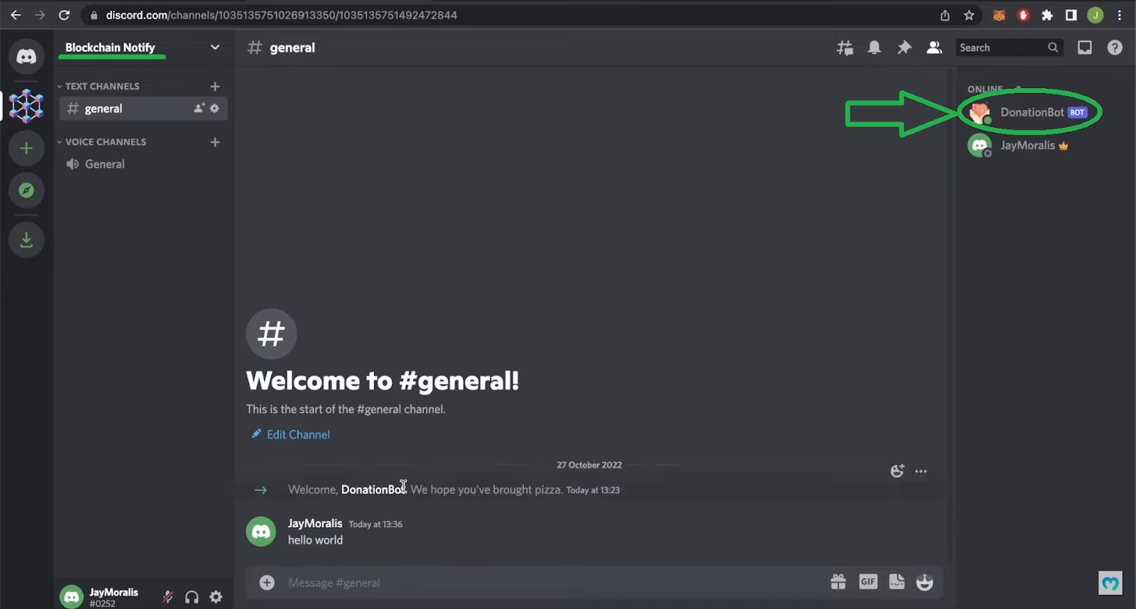 Showing a Discord channel that displays a message that says Build a Blockchain Discord Bot!