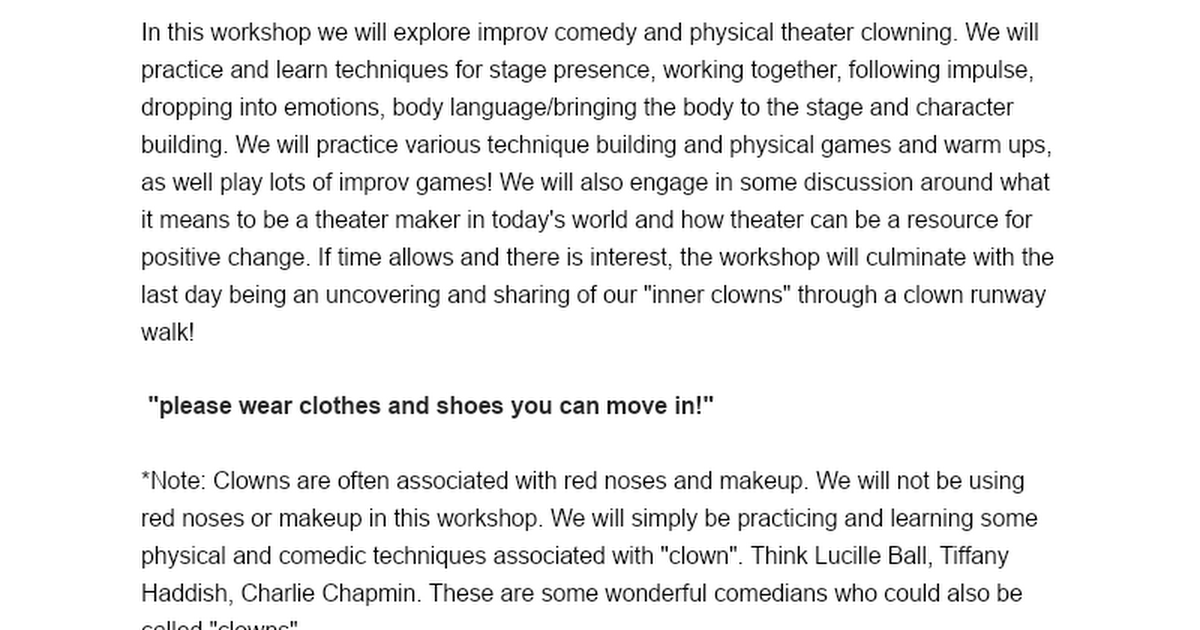 Comedy Improv and Physical Theater Workshop