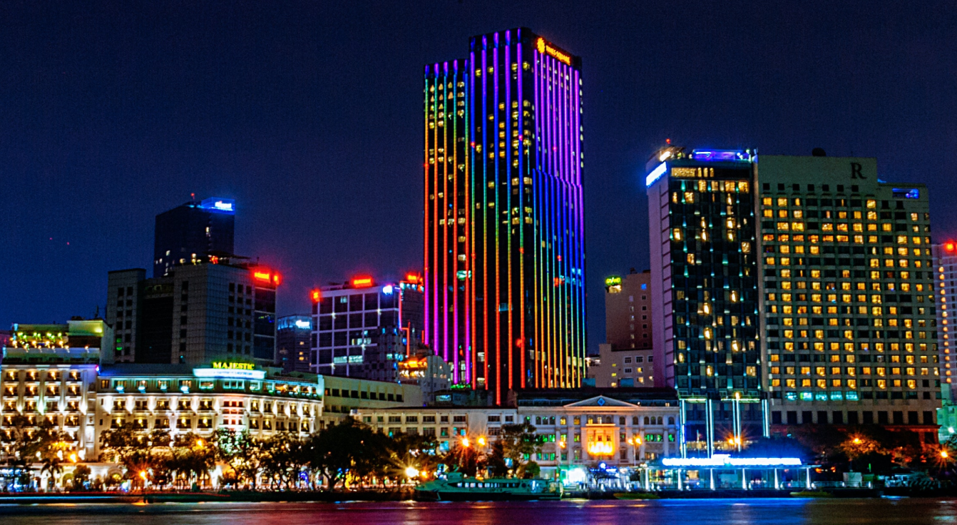 Nightime image of colorful cityscape utilizing control systems