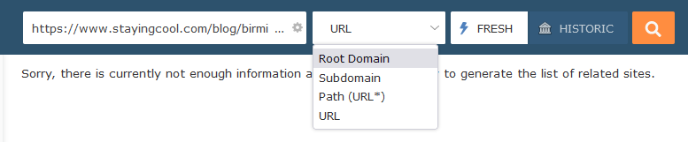 Configurazione della ricerca di siti correlati - la scelta è per root domain utilizzando l'indice recente