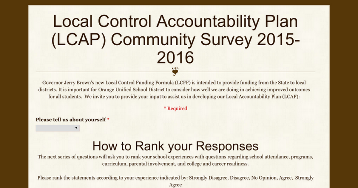 Local Control Accountability Plan (LCAP) Community Survey 2015-2016