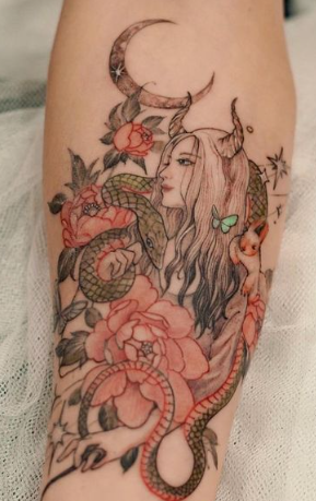 Peony Flowers With Snake And Moon Freya The Charming Goddess 