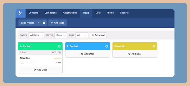 a screenshot of the pipeline view on activecampaign CRM