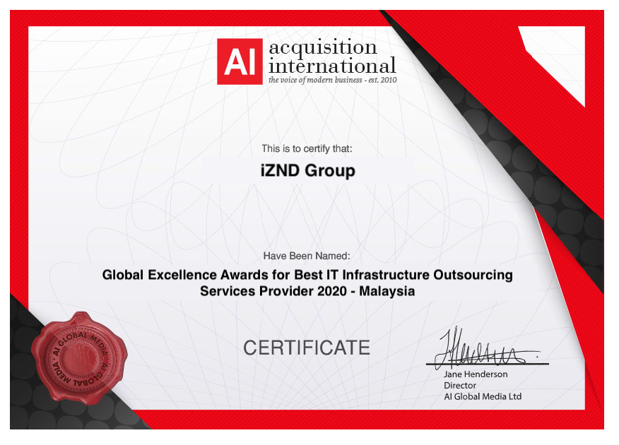 iZND Group Certificate for Global Excellence Award 2020