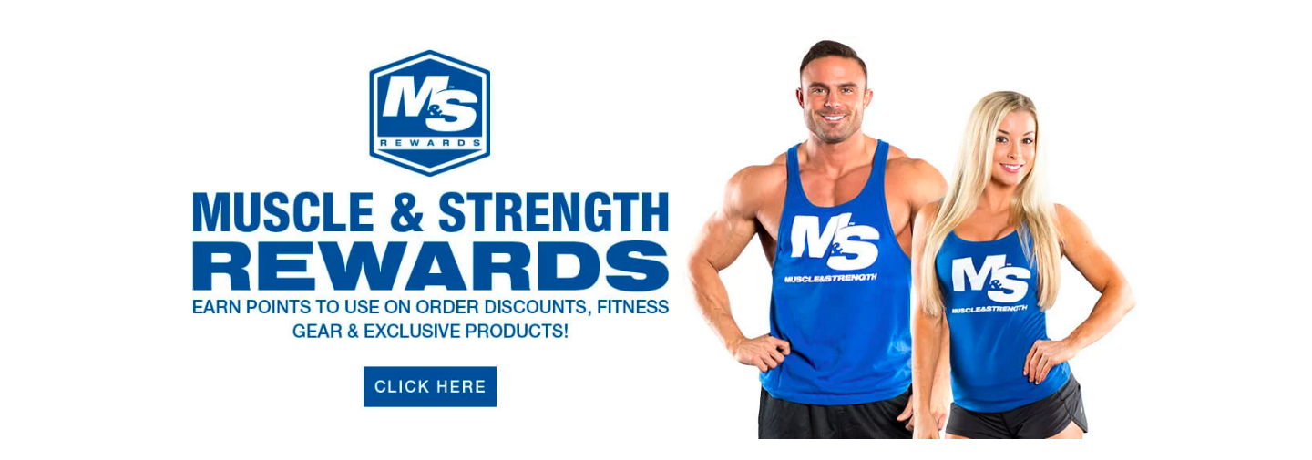 Ecommerce loyalty explainer page–A screenshot from Muscle & Strength’s M&S Rewards with 2 athletes wearing M&S tank tops and text reading “Muscle & Strength Rewards. Earn points to use on order discounts, fitness gear, and exclusive products!”