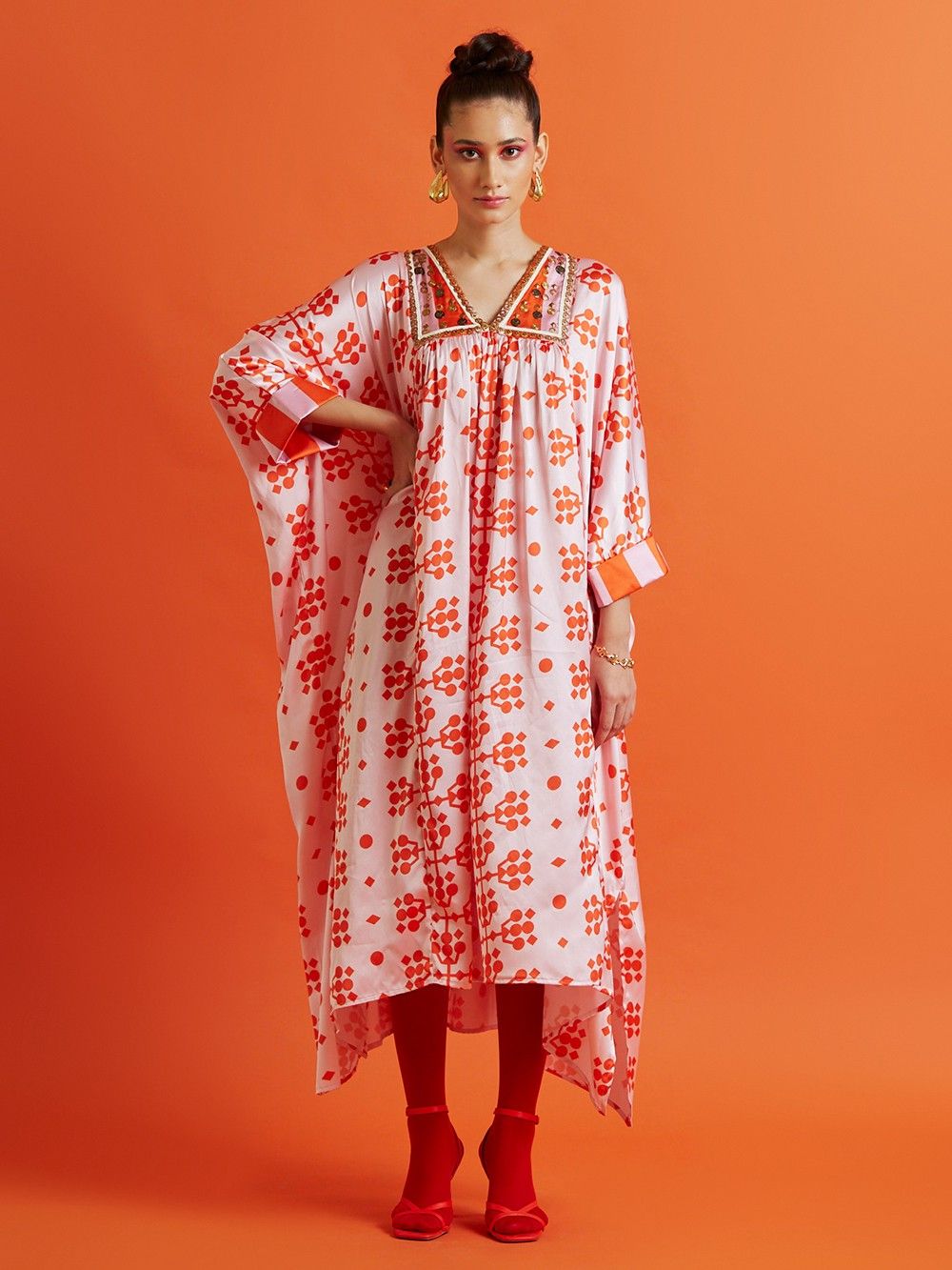 the loom - Pink Orange Printed Modal Satin Hand Work Kaftan