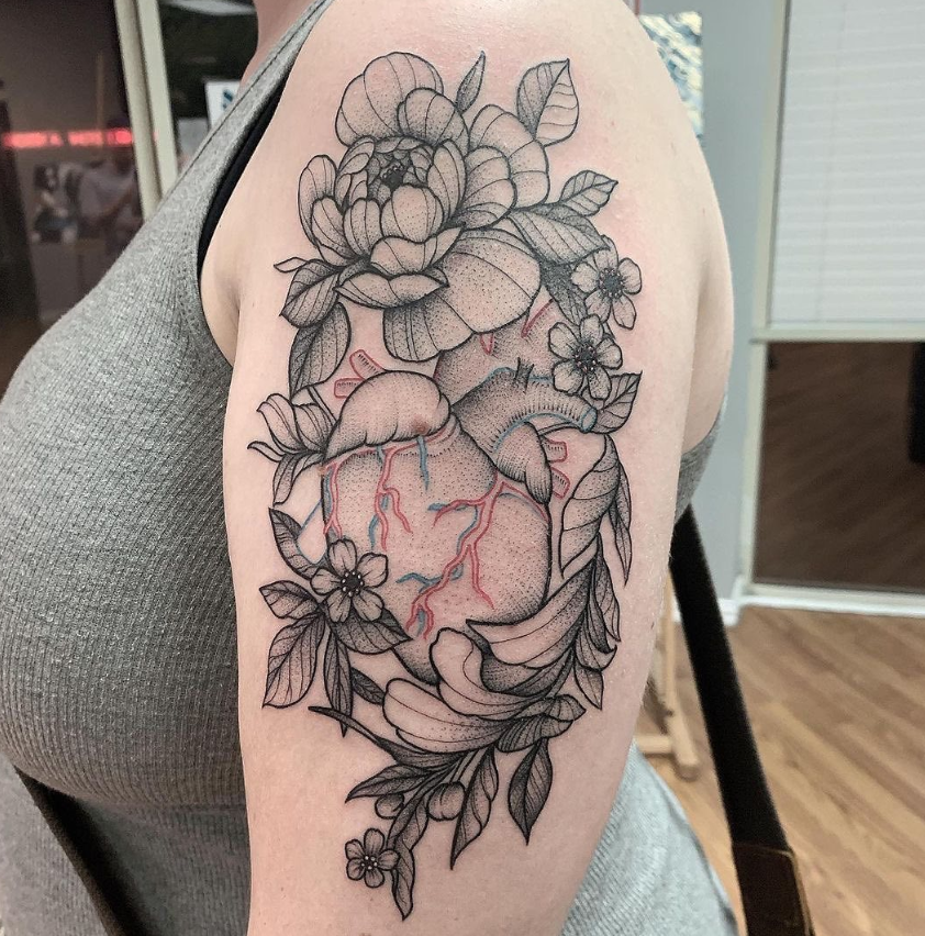 Red And Blue With Flowers Anatomical Heart Tattoos