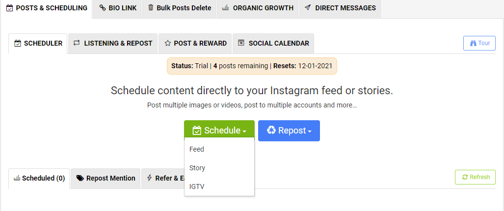 Dashboard of AiSchedul that enables you to schedule feed, story, & IGTV