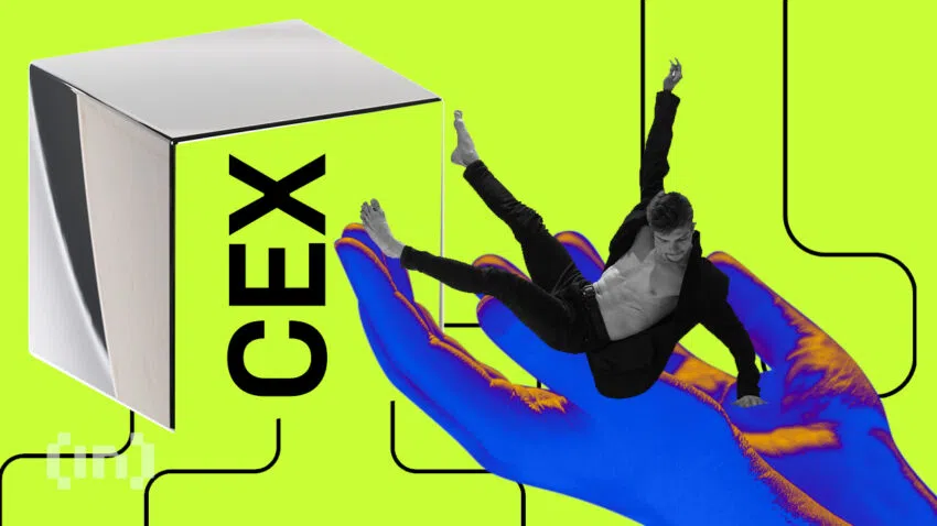 Ein Mann fällt von einem Würfel herunter, auf dem CEX steht. Er wird von großen Händen aufgefangen. Eine etwas abstrakte Visualisierung von BeInCrypto.com.