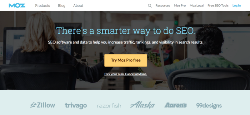 A screenshot of Moz landing page with a reminder of free will that says "pick your plan. cancel anytime."