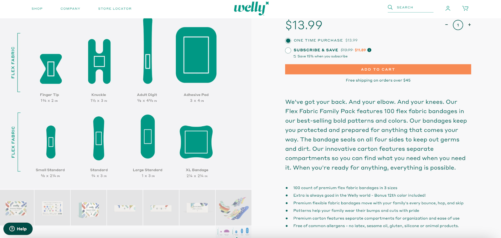 welly screenshot product page examples showing visual of bandaid sizes