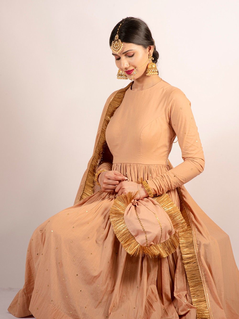 the loom - Beige Sequins Work Cotton Anarkali Suit - TYPES OF ANARKALI DRESS