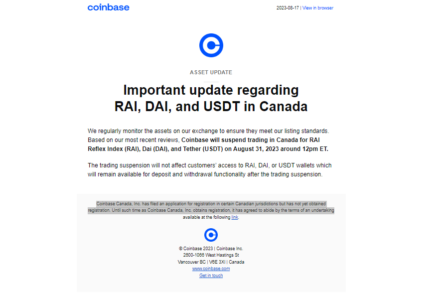 С 31 августа Coinbase остановит торги с USDT, DAI и RAI