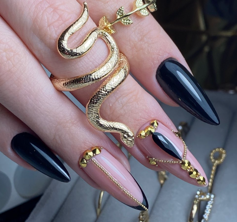 Slytherin Black And Gold Pointed Nails Design