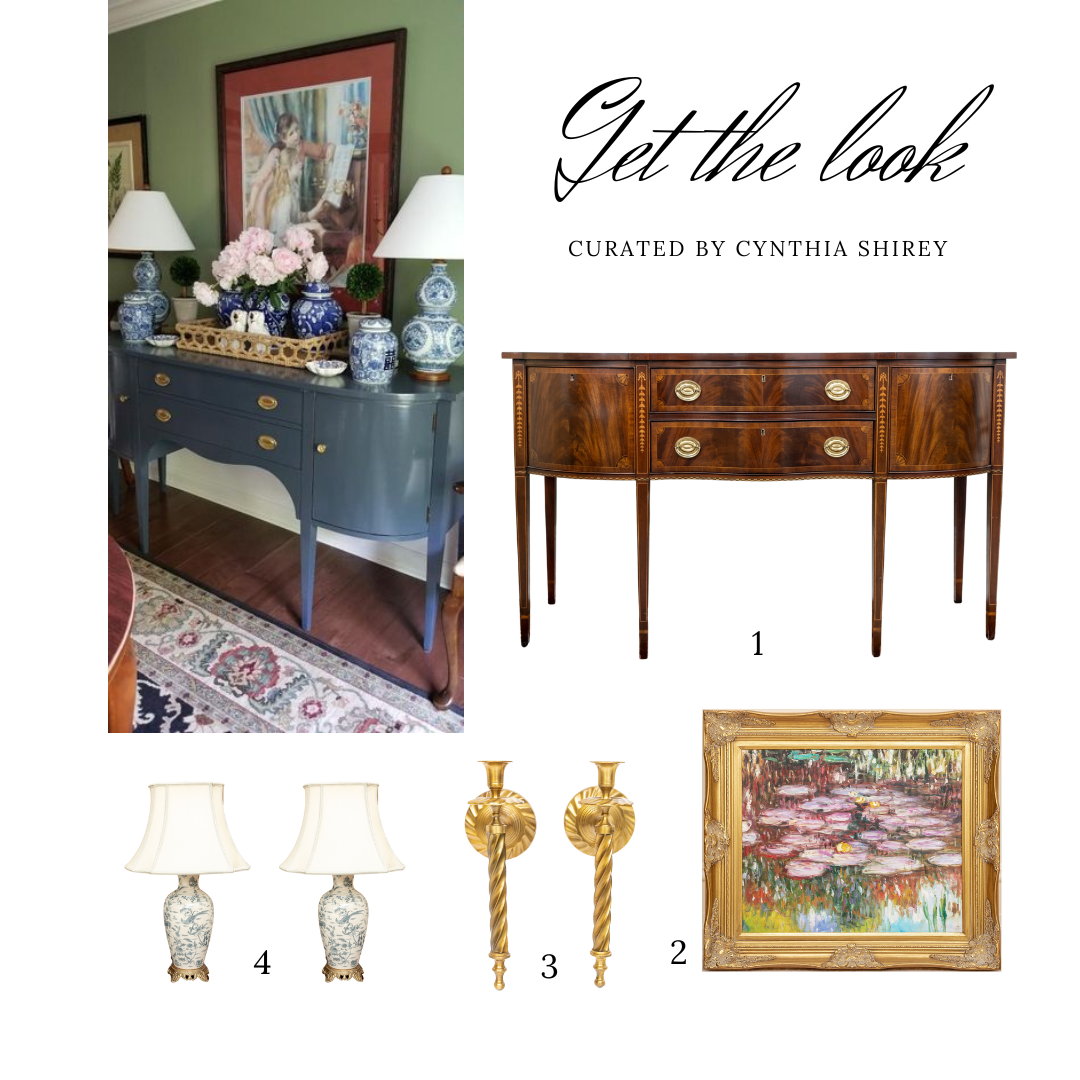 Get the look with items from BRG's current online auction including a Fine Councill Craftsman Mahogany Regency Style Sideboard, a Hand Painted Oil on Canvas, a Pair of Brass 1-Light Wall Sconces and a Pair of Asian Inspired Table Lamps from Wildwood
