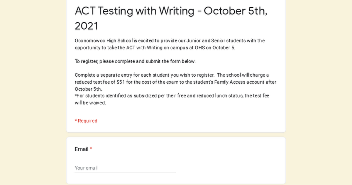 ACT Testing with Writing Registration