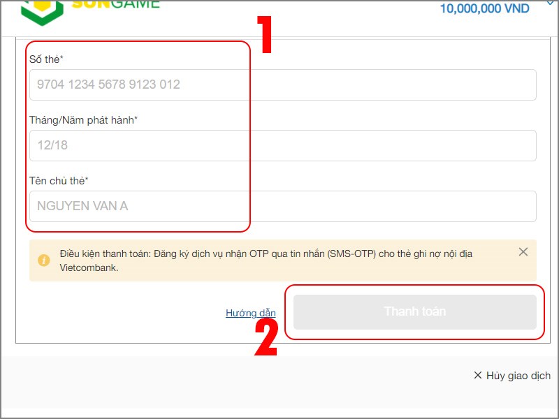 Nhập thông tin thẻ để thanh toán nạp thẻ game GH Truyền Kỳ