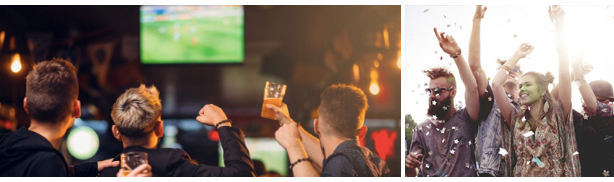 amigos a ver futebol num restaurante – jovens num festival – aumente as reservas em restaurantes durante a época baixa