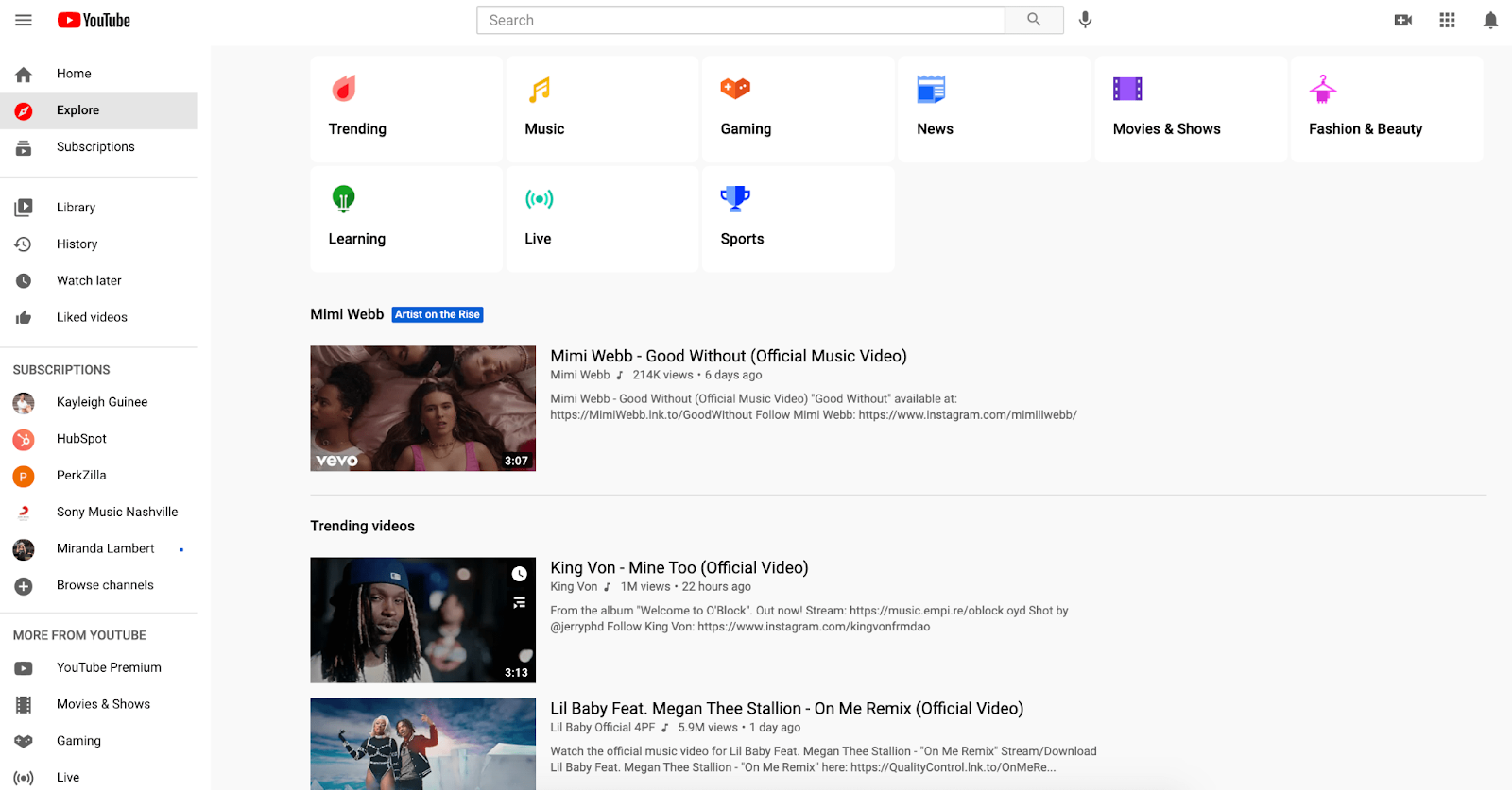 YouTube's Trend/Explore section, which is one browse feature