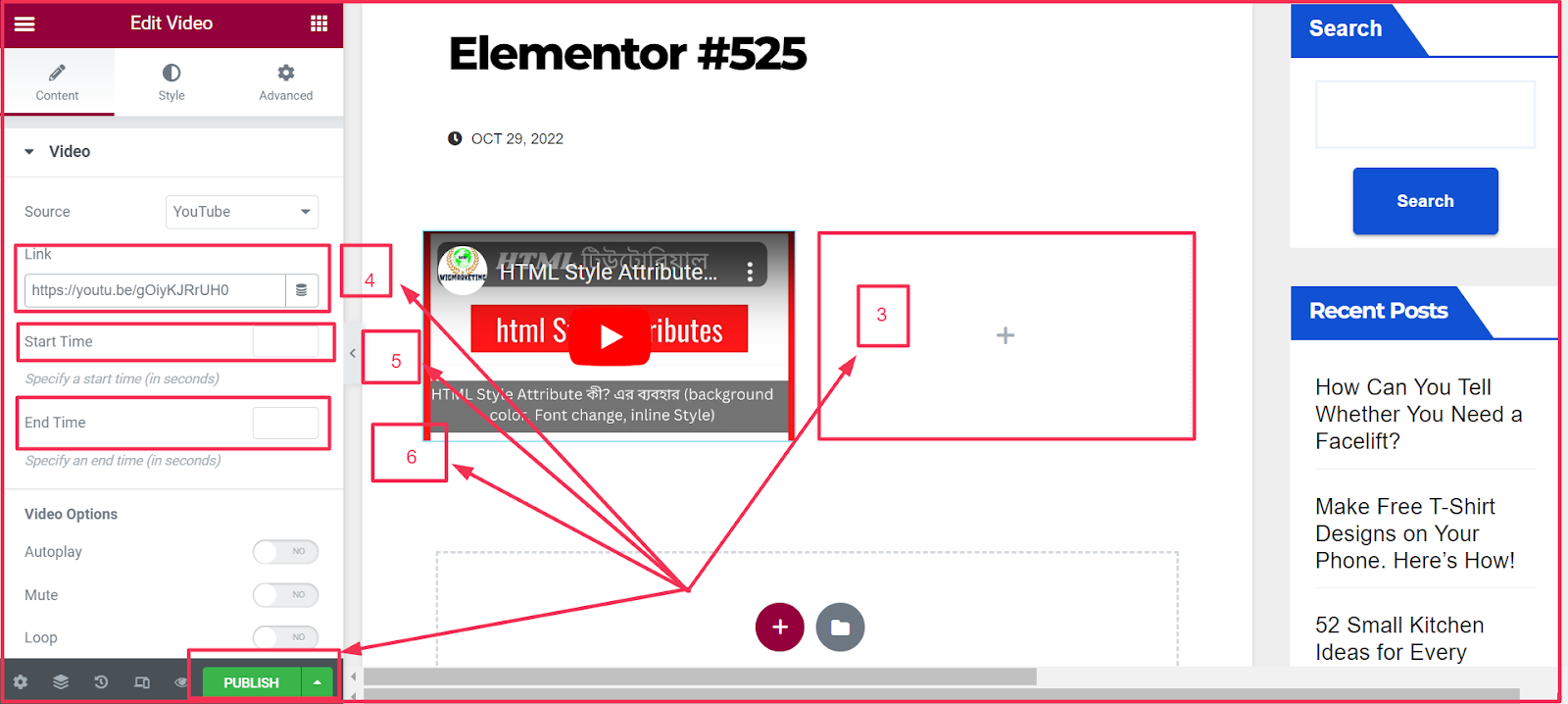 elementor website embed video add fourth screenshot -paste video url and start time and end time instructions