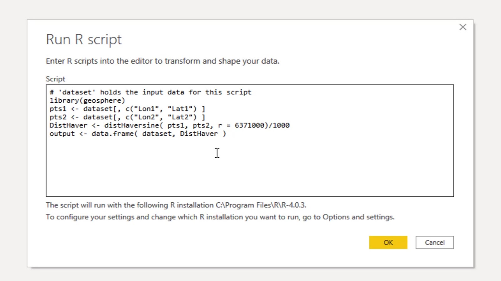 R script for distance and bearing in Power BI 