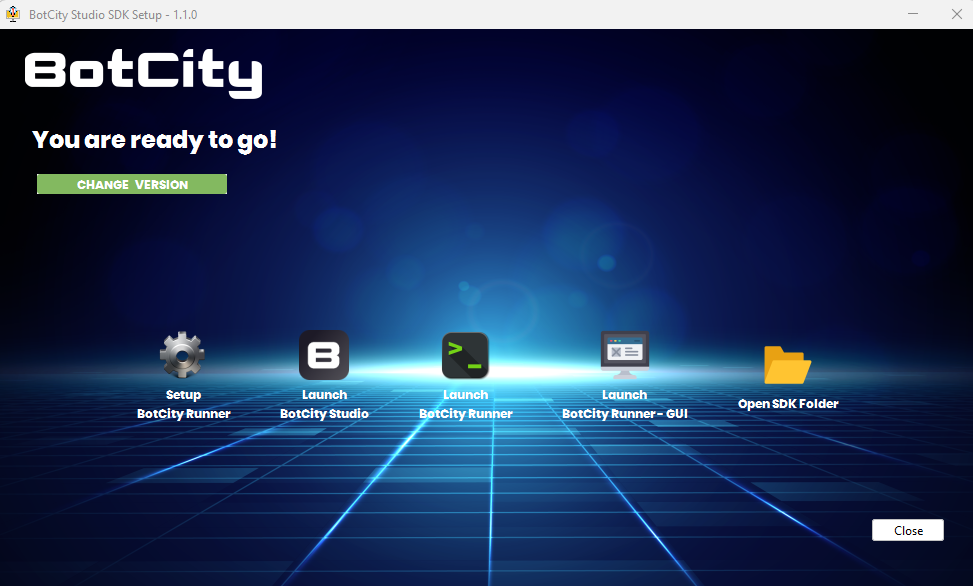 Screenshot of the BotCity Studio SDK installation. It contains text that informs that the person can use it and a highlighted green button to change the version of the installation if the person wants an older version or to install the newest one. In the center, you have the buttons "setup botcity runner", "launch botcity studio", "launch botcity runner", "launch botcity runner - gui" and "open sdk folder", all explained throughout the text of the post. In the lower right corner you have the "close" button to close the window.