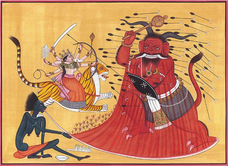 The artwork depicts Durga and Kali fighting Raktabija. Durga is on her lion brandishing multiple weapons with the many arms she possesses, while Kali consumes the blood of Raktabija.