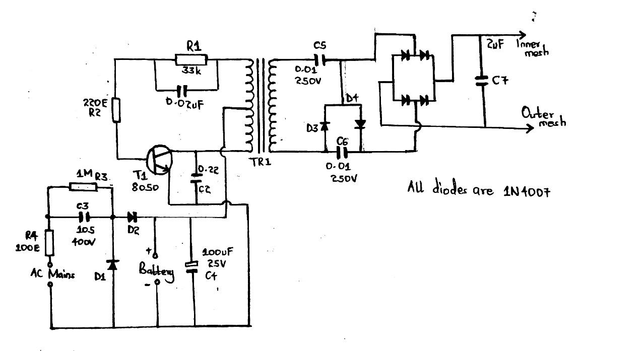 A basic circuit diagram of a mosquito swatter bat