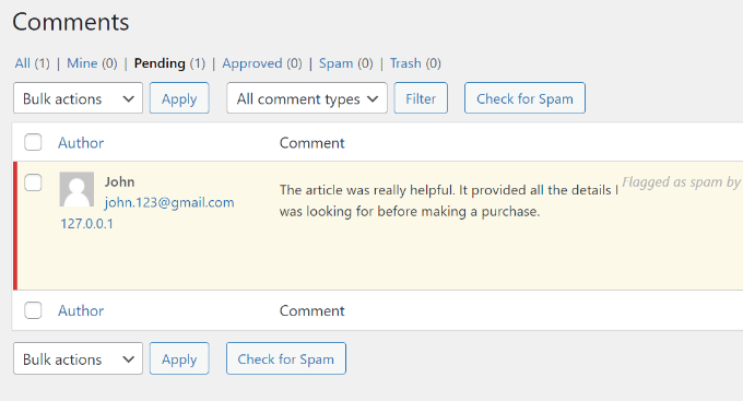 Verifique se há botão de spam