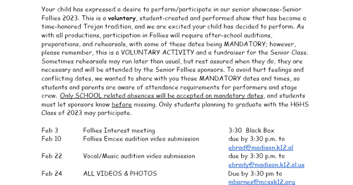 Follies parent/student agreement