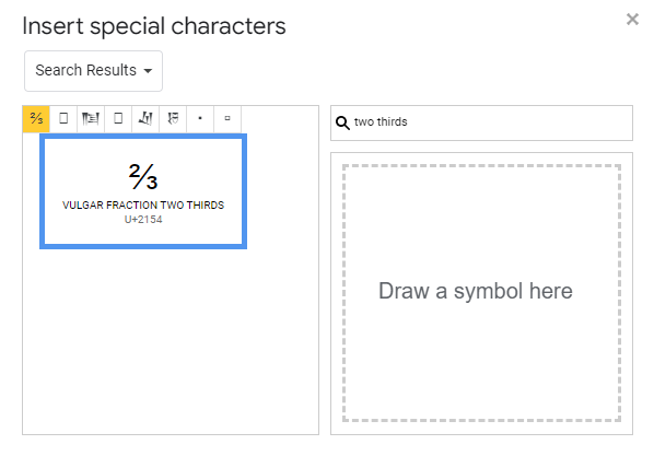 searching for two-thirds symbol in special characters in google docs