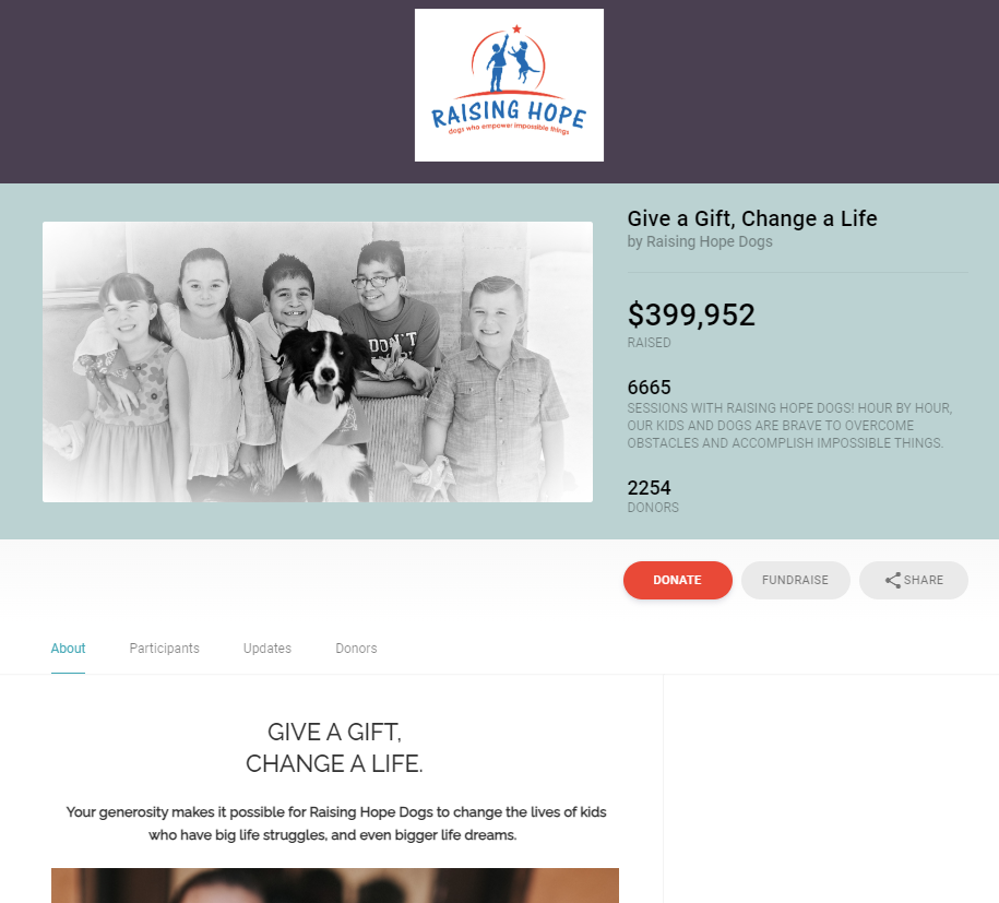 Raising Hope's peer-to-peer fundraising page