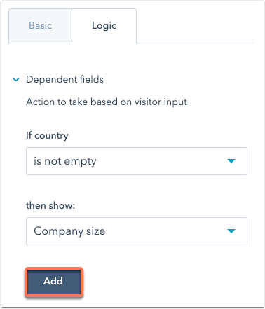 hubspot screenshot that shows lead form logic settings