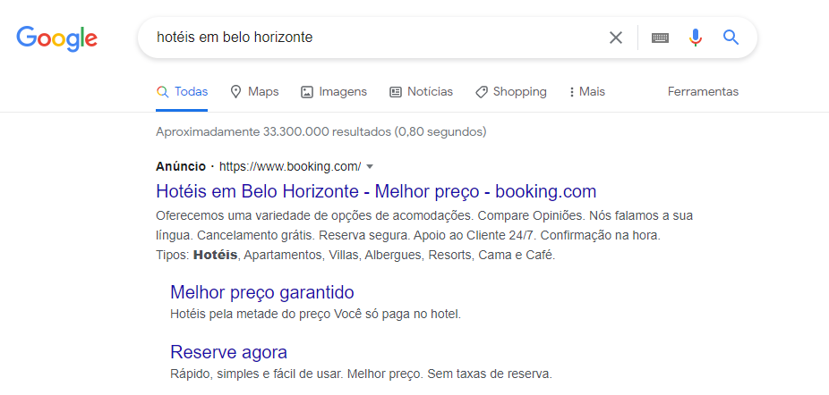 Gestão de tráfego pago: exemplo de anúncio no Google.