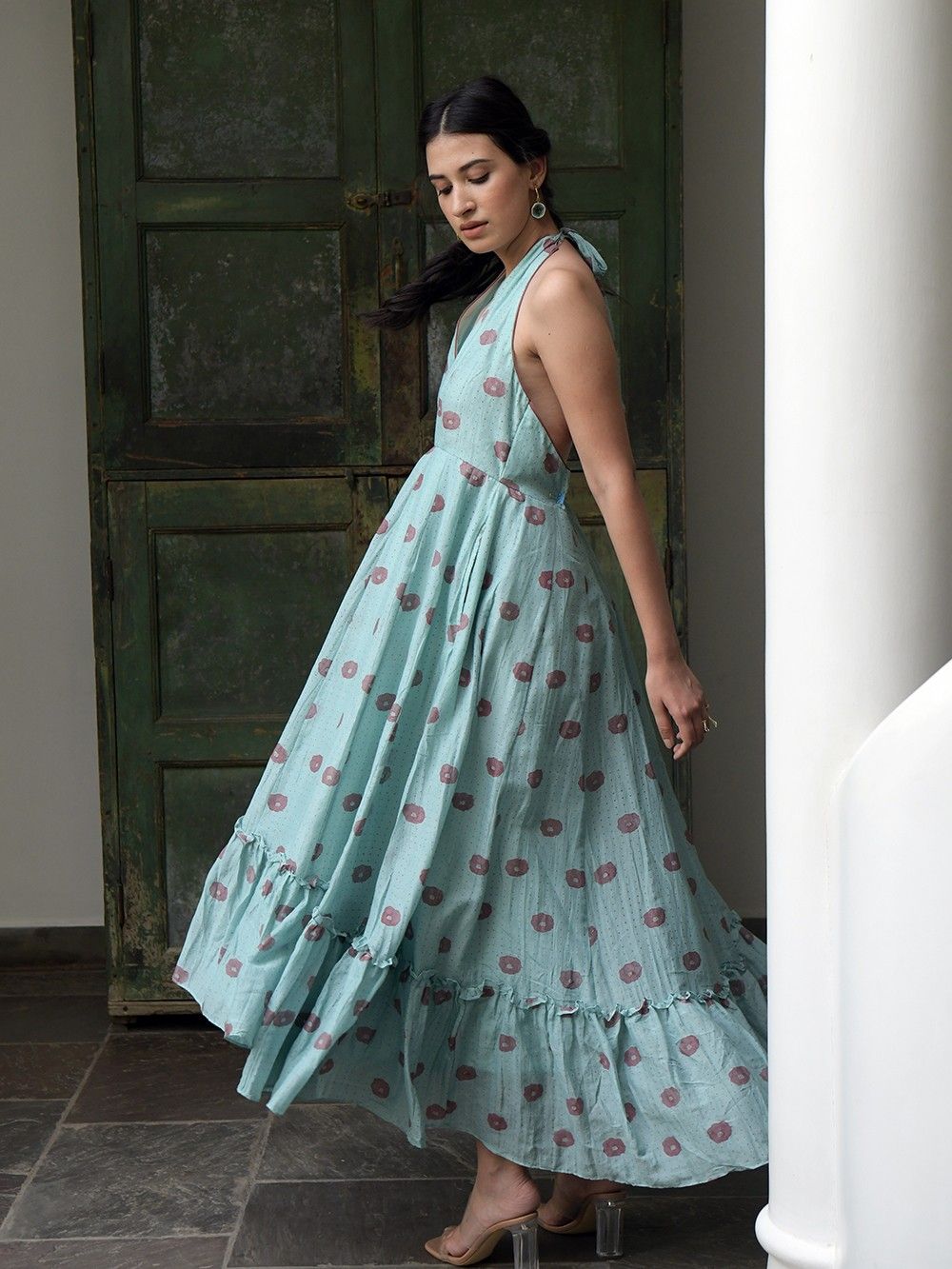 the loom - Green Polka Dot Block Printed Cotton Silk Dress