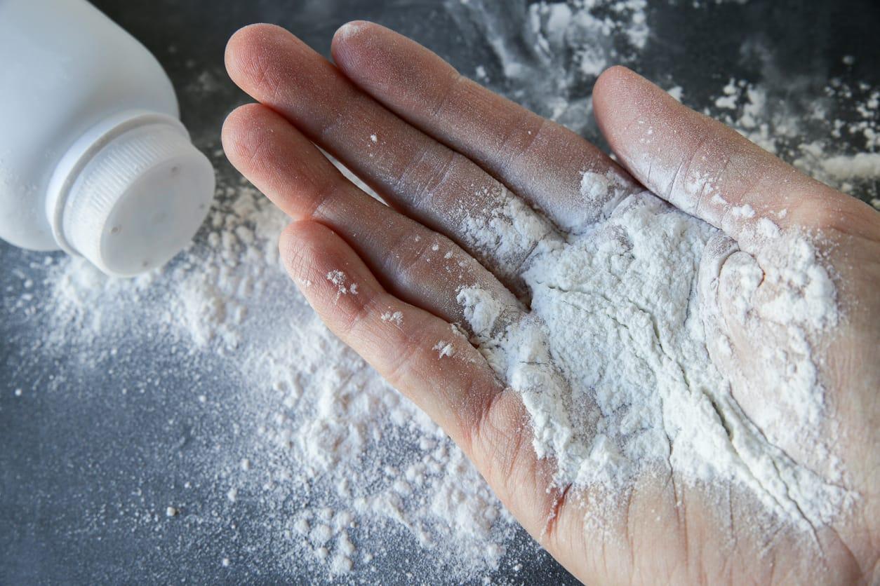 powdered talc in a hand