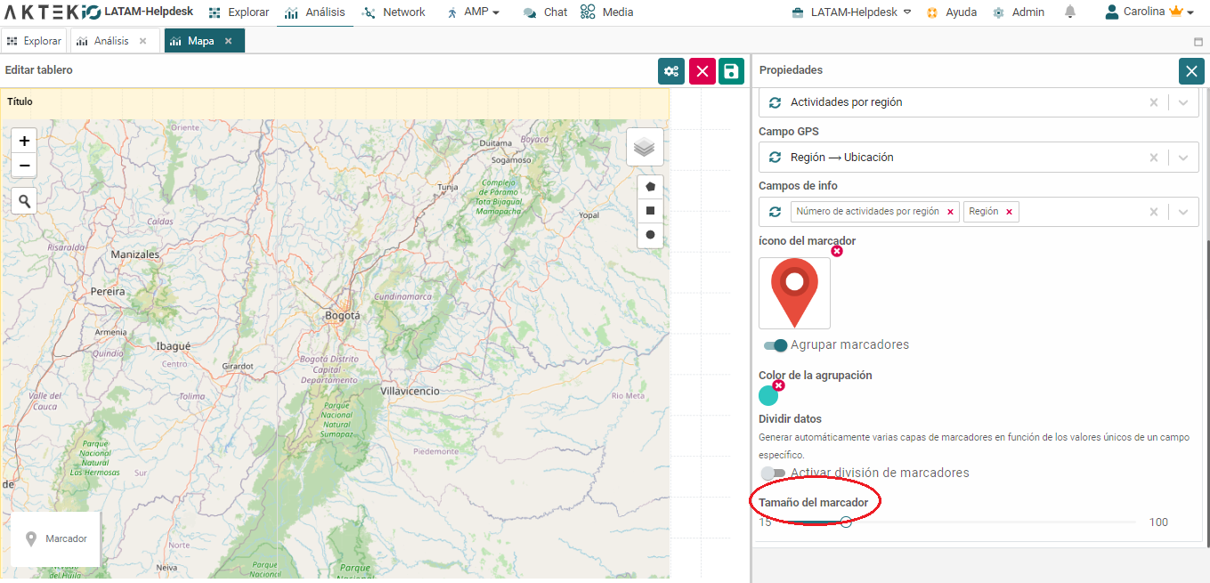 configuracion del marcador en el mapa de AKTEK iO