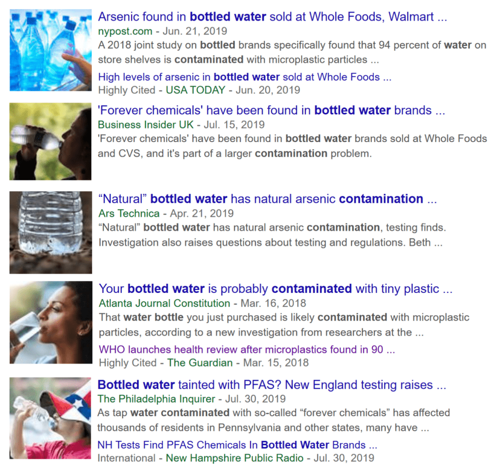 screenshots of news articles about bottled water