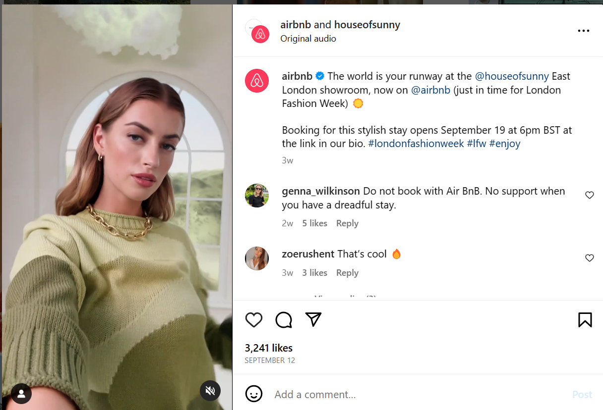 Screengrab of AirBnB UGC on Instagram.