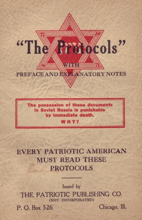 Cover of an American copy of the Protocols of the Elders of Zion claiming that every American should read them.