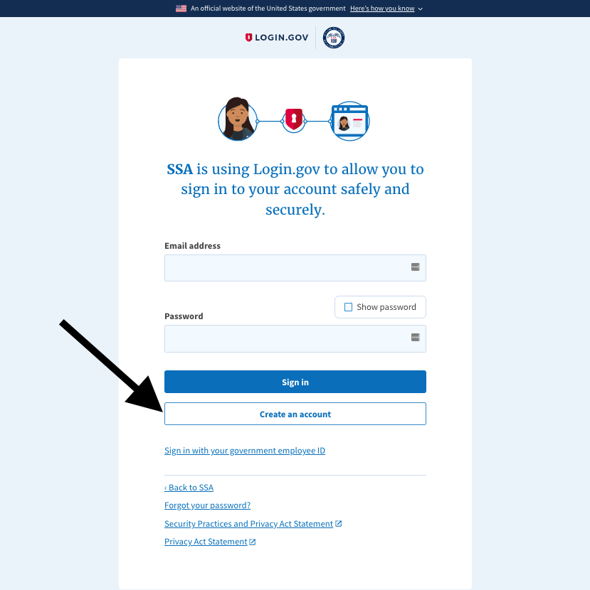 Social Security login page to create an account