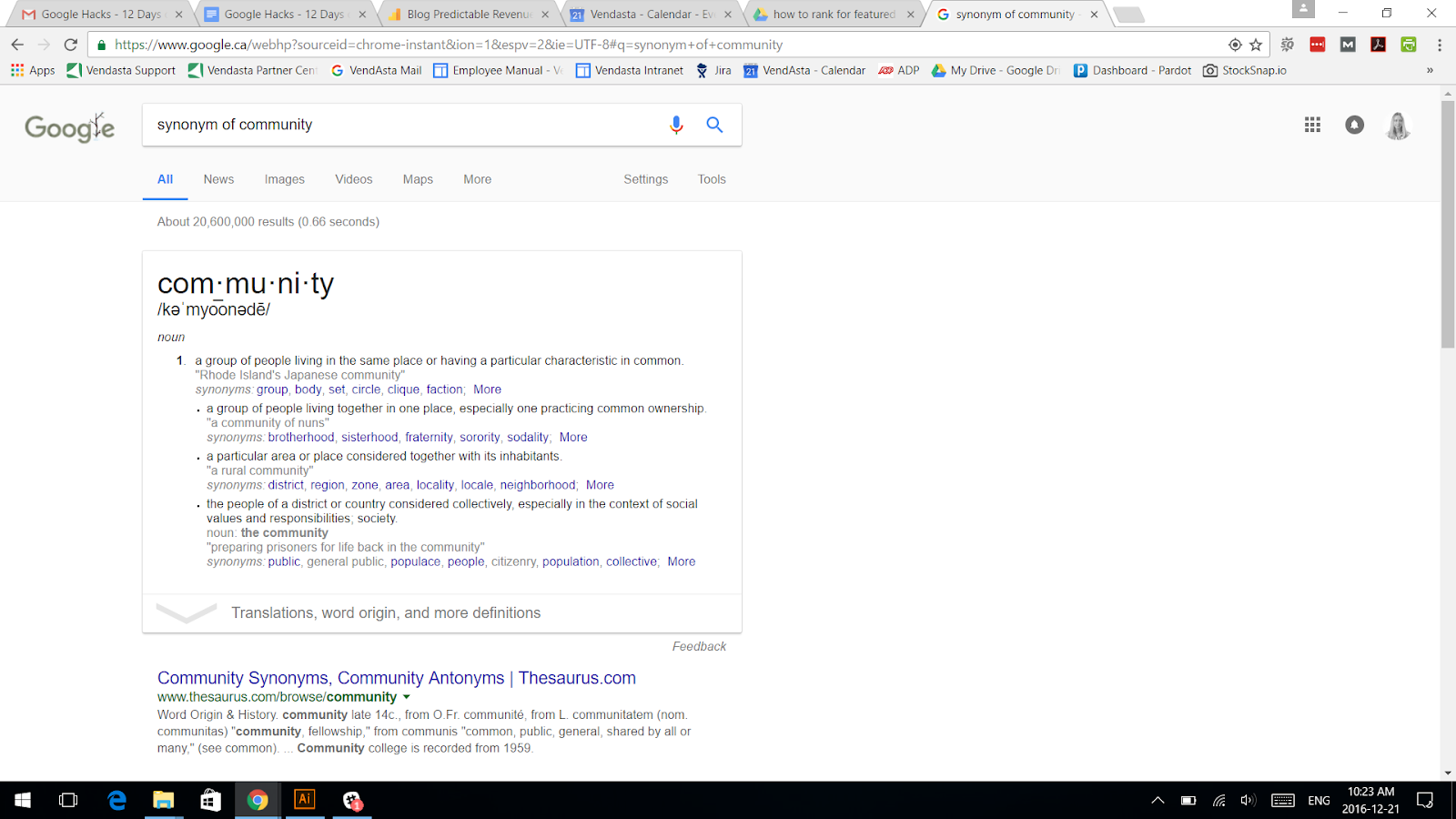 Screenshot of search result for “synonym of community”, with Google’s thesaurus results.