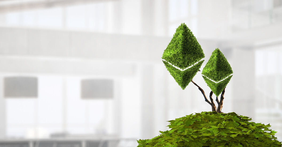 Ethereum’s logo, represented as a fresh sprout on a tree, to represent sustainability and the cryptocurrency becoming environmentally-friendly.