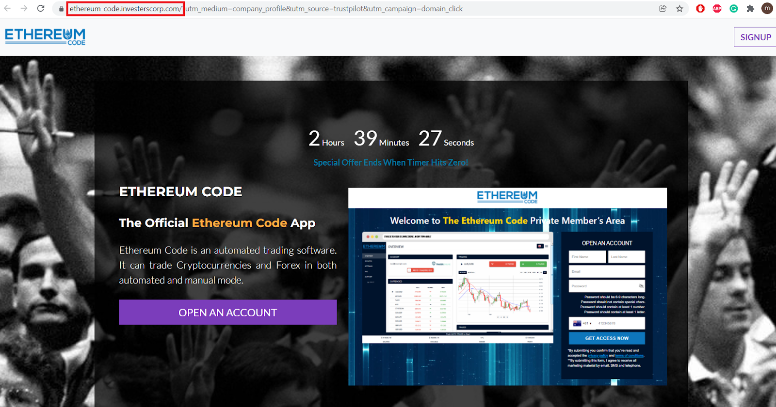 layout del sito web simile a quello di Ethereum Code