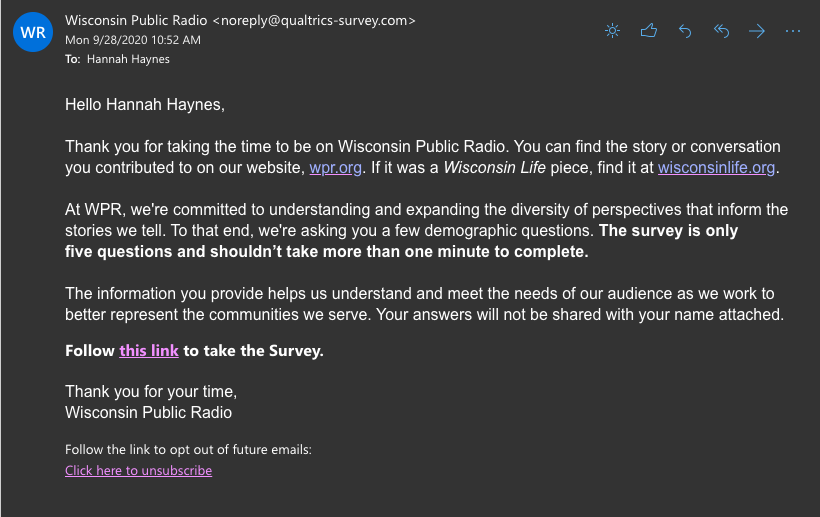 Email from Wisconsin Public Radio to Hannah Haynes